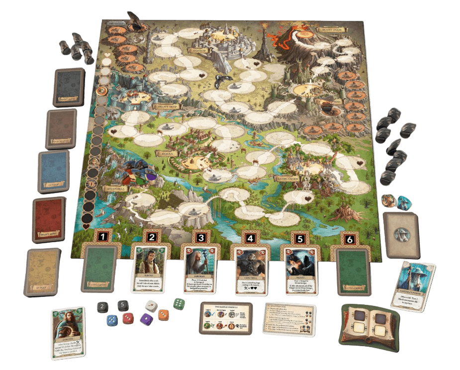 Board game with a fantasy map, cards, and pieces on a white background
