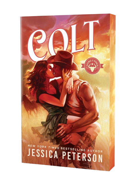 Book cover of 'Colt' by Jessica Peterson with a couple embracing against a sunset sky.