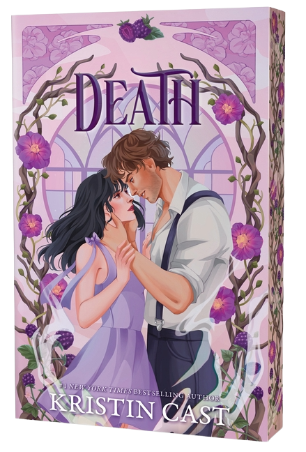Book cover for 'Death' by Kristin Cast, featuring an illustration of a romantic couple in a lavender-toned garden with purple flowers and the title 'DEATH' in large purple letters.