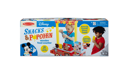 Box of Disney Snacks & Popcorn wooden food counter toy set on a white background