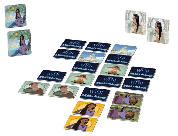 Board game cards with illustrations of people and animals on a white background