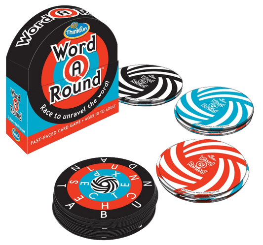 ThinkFun Word A Round game packaging with colorful circular game pieces on a white background