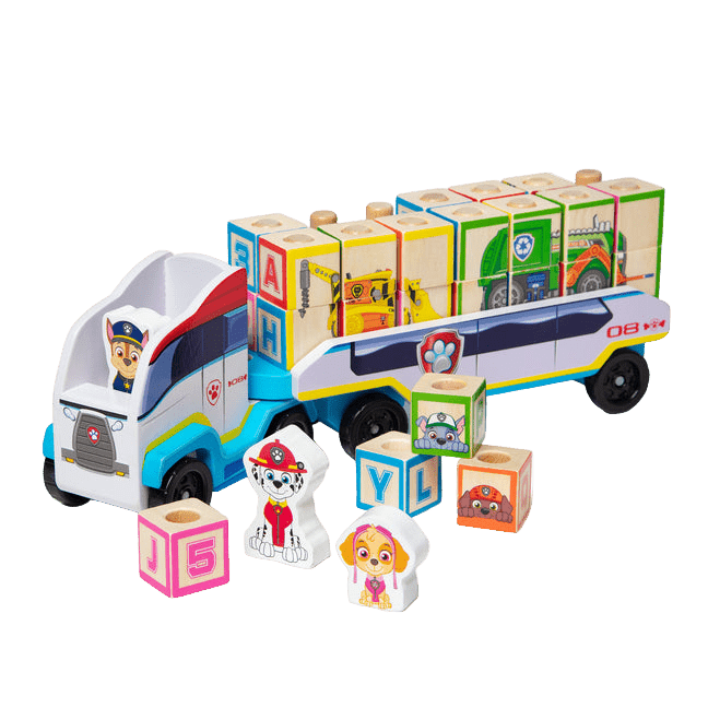 Toy truck with colorful blocks featuring cartoon characters on a white background
