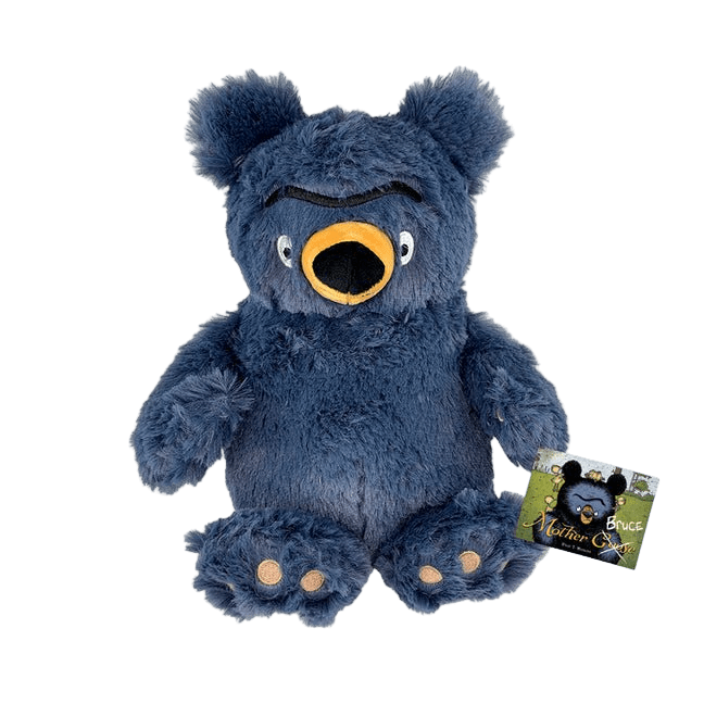 Blue plush bear toy with a tag on a white background