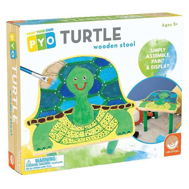Box for 'Paint Your Own Turtle Wooden Stool' craft kit with turtle illustration and paintbrush.