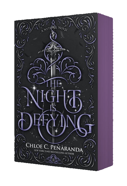 Book cover of 'The Night is Defying' with ornate design and purple accents.