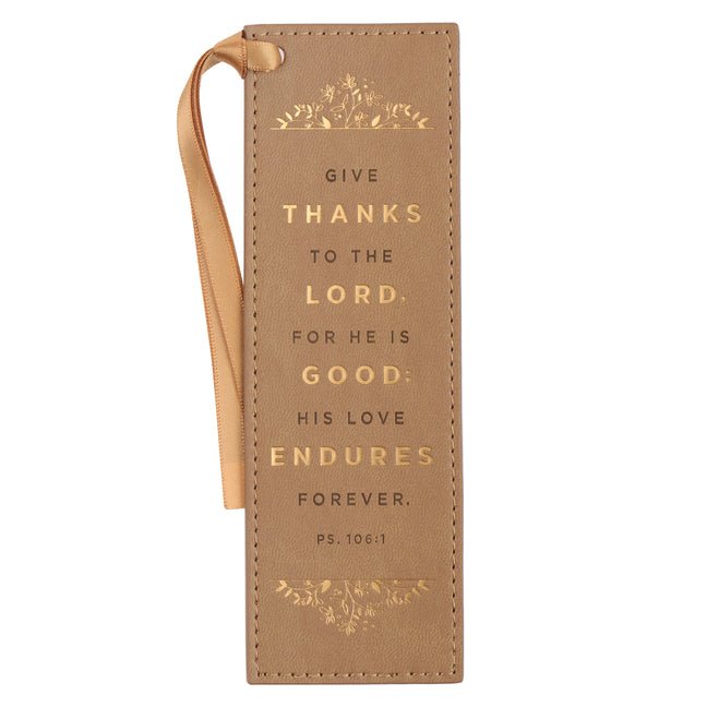 Christian Art Gifts Tan Faux Leather Floral Bookmark for Women: Give Thanks - Psalm 106:1 Inspirational Bible Verse, Heat-Debossed & Golden Accents wi - Ingram