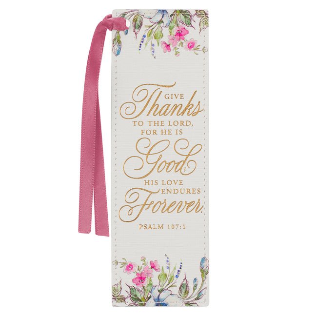 Christian Art Gifts Premium Vegan Leather Scripture Bookmark for Women: Give Thanks - Ps. 107:1 Inspirational Bible Verse, Creamy Floral - Ingram