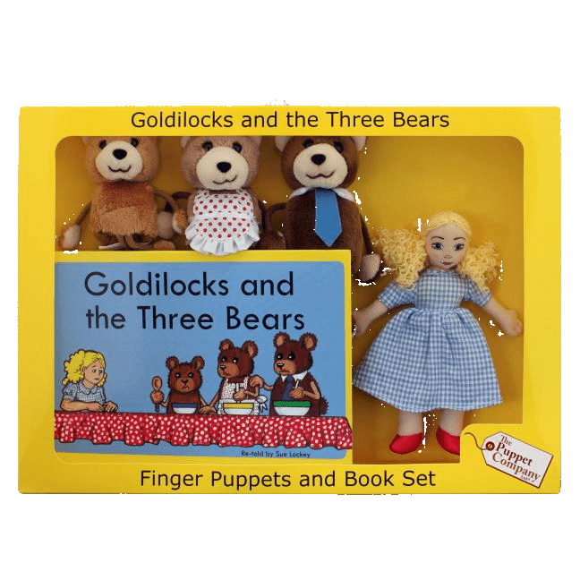 Goldilocks and the Three Bears finger puppets and book set packaging with dolls and puppets.
