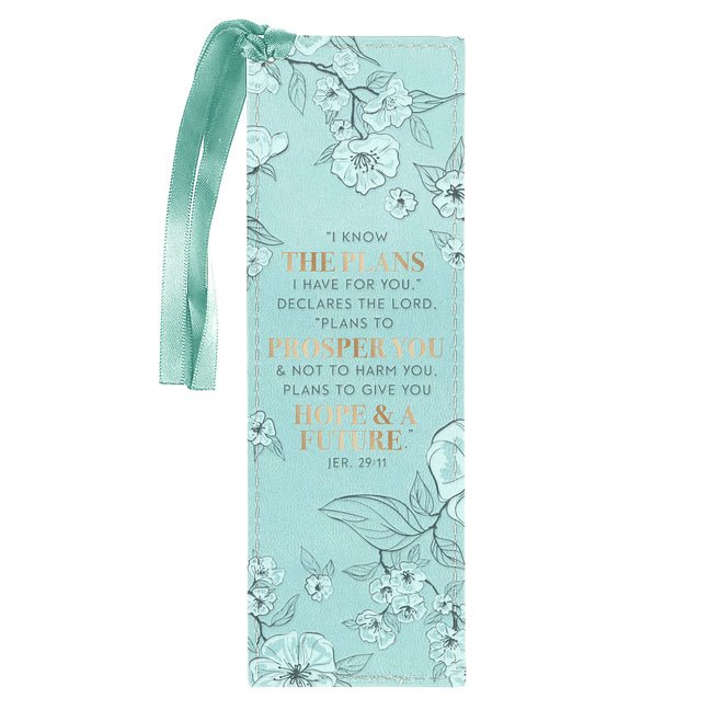 Christian Art Gifts Faux Leather Bookmark: I Know the Plans I Have for You - Jeremiah 29:11 Inspirational Bible Verse, Teal with Satin Ribbon - Ingram