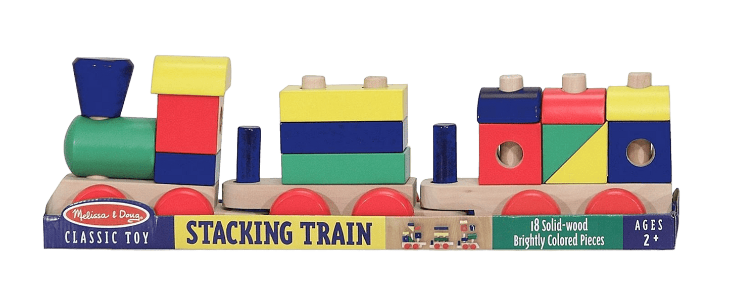 Wooden stacking train toy with colorful blocks on a white background