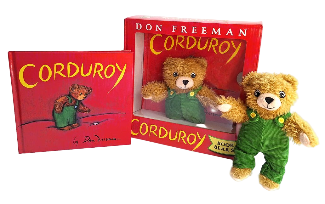 Plush bear toy and 'Corduroy' book by Don Freeman on a white background