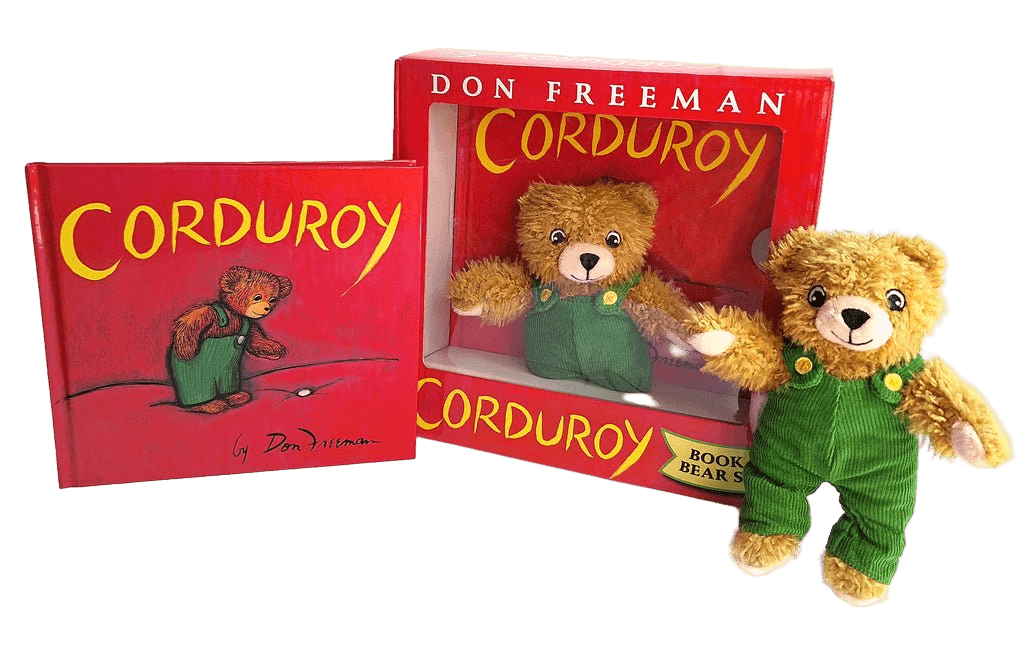 Plush bear toy and 'Corduroy' book by Don Freeman on a white background