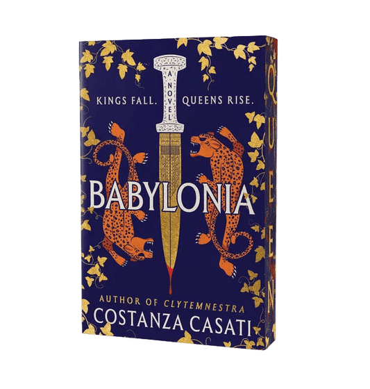 Book cover of 'Babylonia' by Costanza Casati with a sword and lion design on a blue background.