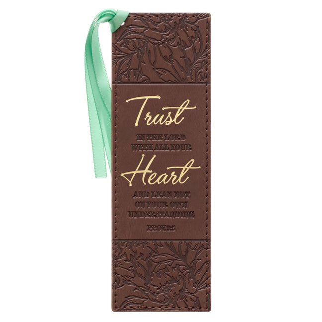 Christian Art Gifts Faux Leather Bookmark: Trust in the Lord - Proverbs 8:5 Inspirational Bible Verse, Brown with Satin Ribbon - Ingram