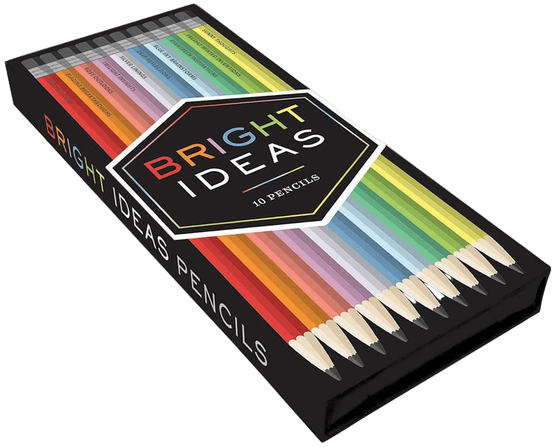 Box of 'Bright Ideas' colored pencils with colorful stripes on a white background