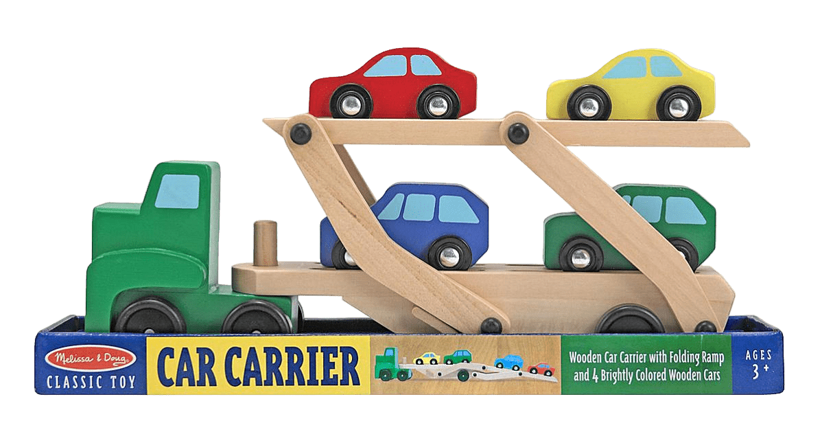 Wooden toy car carrier with four colorful cars on a transparent background