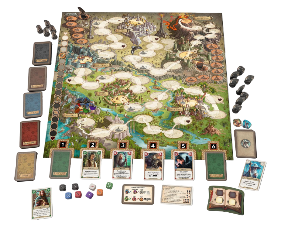 Board game with a fantasy map, cards, and pieces on a white background