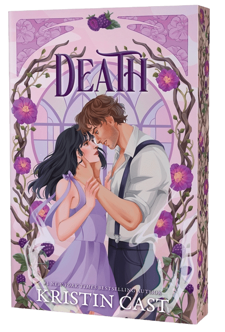 Book cover for 'Death' by Kristin Cast, featuring an illustration of a romantic couple in a lavender-toned garden with purple flowers and the title 'DEATH' in large purple letters.