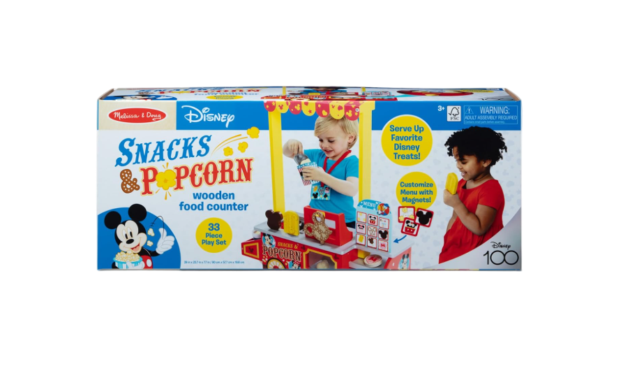 Box of Disney Snacks & Popcorn wooden food counter toy set on a white background