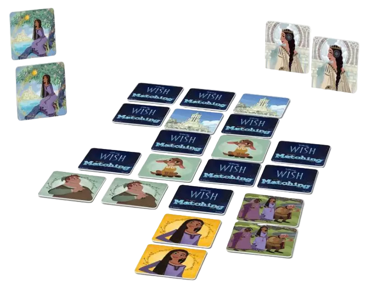 Board game cards with illustrations of people and animals on a white background