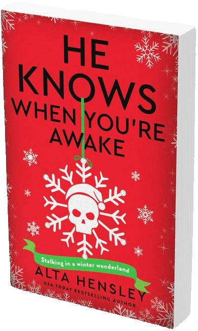 Book cover of 'He Knows When You're Awake' with a red background and snowflake design.
