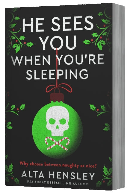 Book cover with a green ornament featuring a skull and candy cane, surrounded by holly leaves on a black background.
