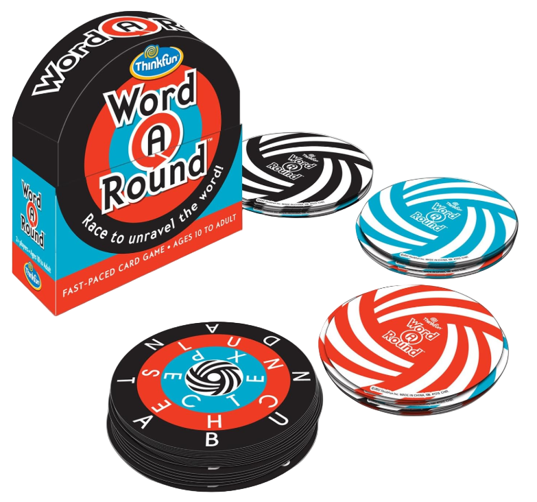 ThinkFun Word A Round game packaging with colorful circular game pieces on a white background