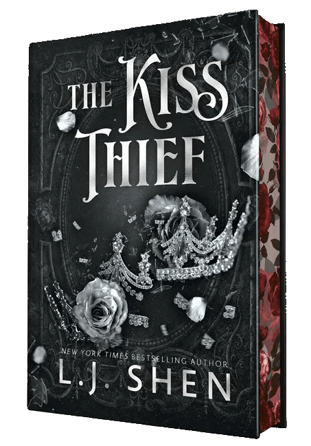 Book cover of 'The Kiss Thief' by L.J. Shen with decorative elements and a dark theme.