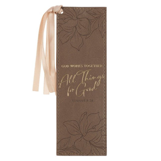 Bookmark Faux Leather Brown God Works for Good Romans 8:28 - Ingram