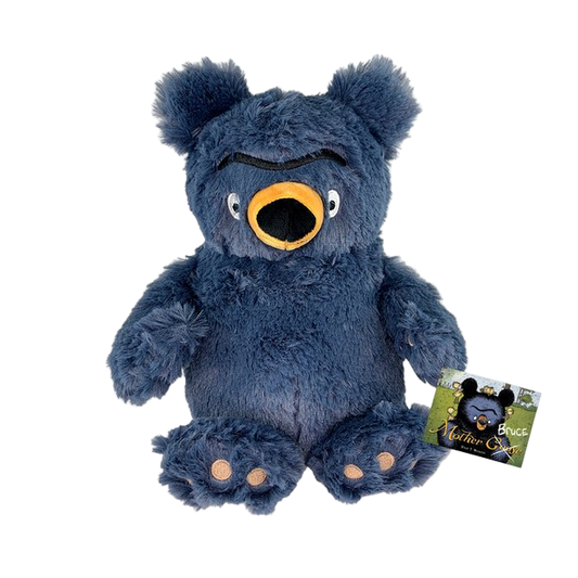 Blue plush bear toy with a tag on a white background