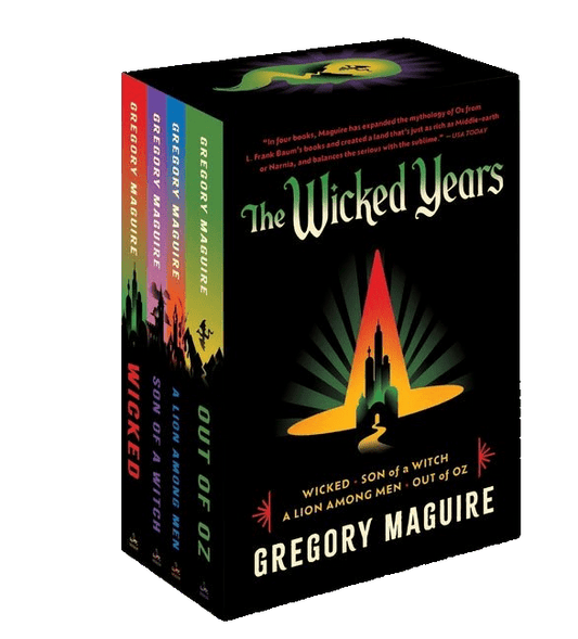 Box set of Gregory Maguire's 'The Wicked Years' books with colorful covers and title on a black background.