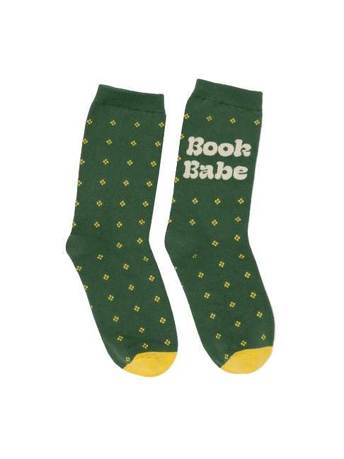 Green socks with 'Book Babe' text and yellow accents on a white background