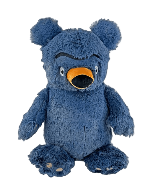 Blue plush bear with a yellow nose on a white background