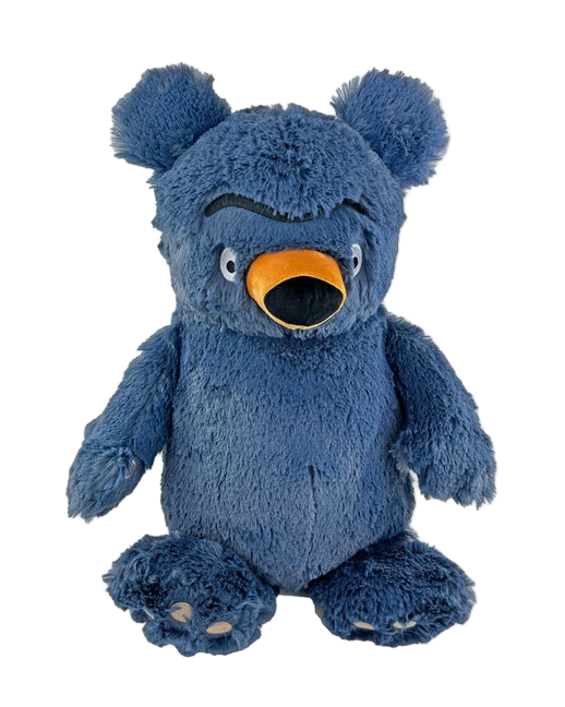 Blue plush bear with a yellow nose on a white background