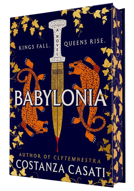Book cover of 'Babylonia' by Costanza Casati with a sword and lion design on a blue background.