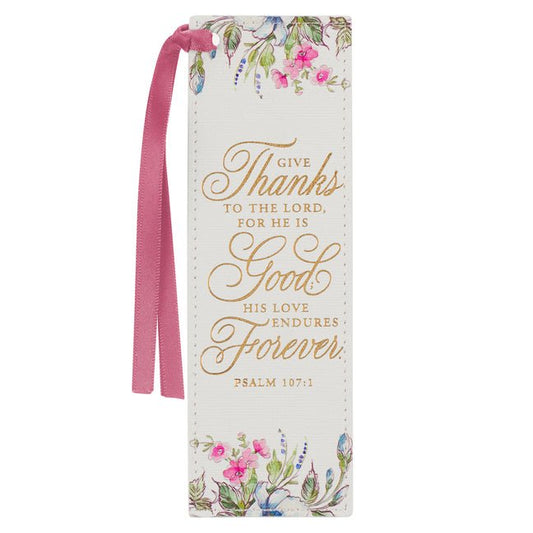 Christian Art Gifts Premium Vegan Leather Scripture Bookmark for Women: Give Thanks - Ps. 107:1 Inspirational Bible Verse, Creamy Floral - Ingram