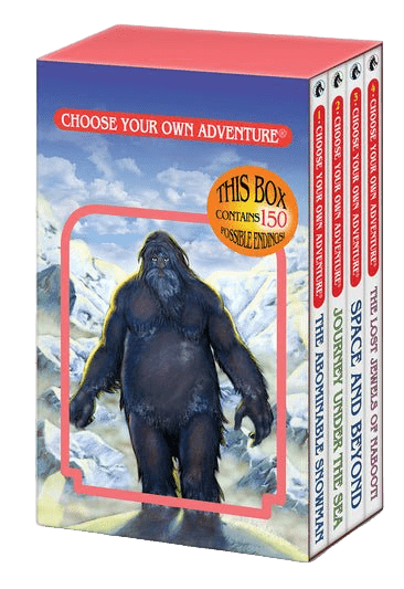 Box set of 'Choose Your Own Adventure' books with a Sasquatch illustration on a white background