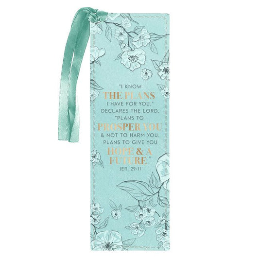 Christian Art Gifts Faux Leather Bookmark: I Know the Plans I Have for You - Jeremiah 29:11 Inspirational Bible Verse, Teal with Satin Ribbon - Ingram