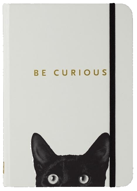 Notebook with a black cat illustration and 'Be Curious' text on a white background