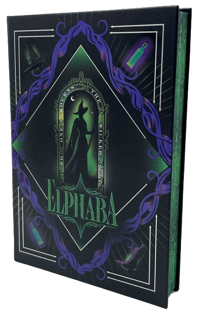Decorative book with a silhouette of a witch and the title 'Elphaba' on a black background.