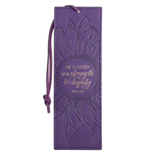 Christian Art Gifts Faux Leather Bookmark She Is Clothed Strength Dignity Proverbs 31:25 Bible Verse, Purple - Ingram