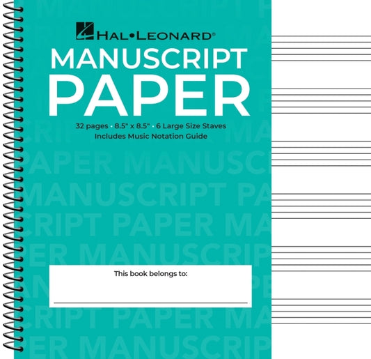 Wide Staff Wirebound Manuscript Paper Aqua Cover Spiral Music Notebook 6 Staves Per Page with Notation Guide - Ingram