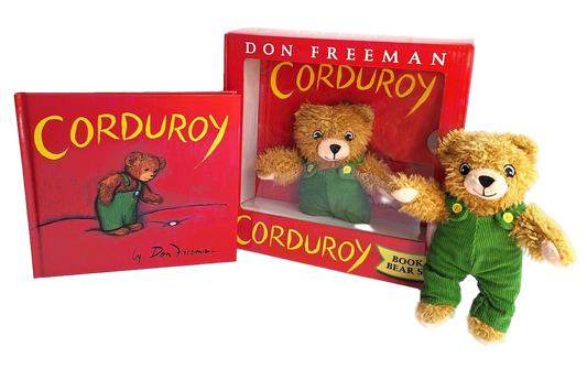 Plush bear toy and 'Corduroy' book by Don Freeman on a white background