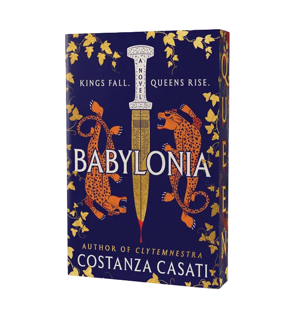 Book cover of 'Babylonia' by Costanza Casati with a sword and lion design on a blue background.