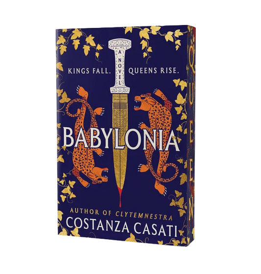 Book cover of 'Babylonia' by Costanza Casati with a sword and lion design on a blue background.