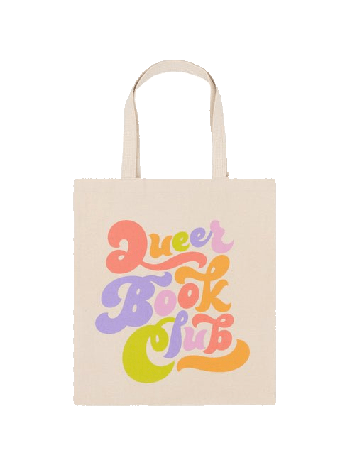 Tote bag with 'Queer Book Club' text in colorful letters on a white background