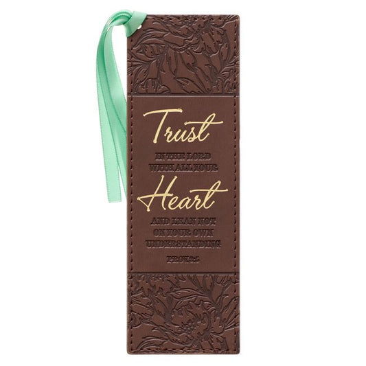 Christian Art Gifts Faux Leather Bookmark: Trust in the Lord - Proverbs 8:5 Inspirational Bible Verse, Brown with Satin Ribbon - Ingram