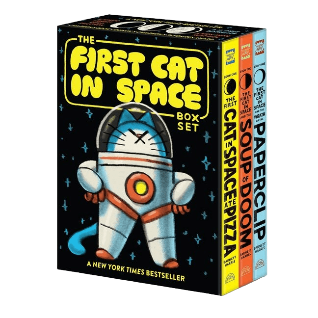 Box set of 'The First Cat in Space' books with a cat in an astronaut suit on the cover.
