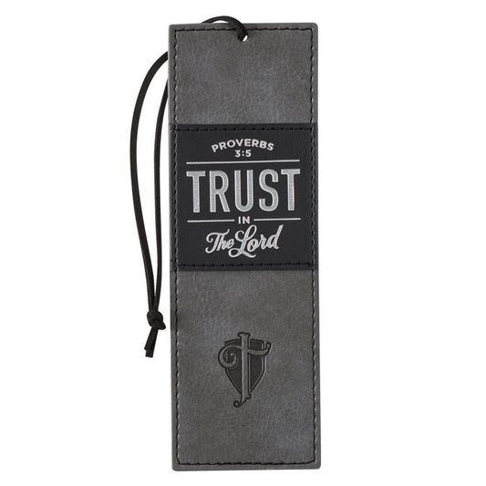 Christian Art Gifts Black Charcoal Gray Faux Leather Bookmark for Men: Trust in the Lord - Proverbs 3:5 Inspiring Bible Verse, Heat-Debossed W/Silver - Ingram